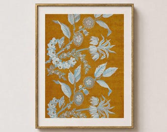 Cuadro floral antiguo – Arte mural botánico en ocre, póster bohemio francés (descargable)