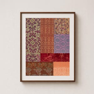 Marockanskt maximalistiskt collage – Väggkonsttryck med lapptäcke i textil – Boho-dekor i rubin och terrakottarost