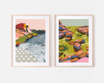 Set of two retro beach posters A2 A1 downloadable prints - Chartreuse green blush pink abstract landscapes boho coastal decor - 70s artwork