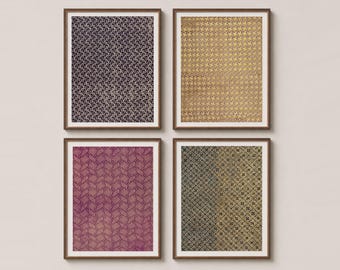 May include: A set of four framed rectangular wall art prints. The top left features a dark purple floral pattern, the top right a gold houndstooth design, the bottom left a magenta woven texture, and the bottom right a black and gold grid pattern.