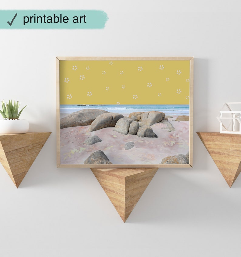 Beach wall decor landscape horizontal picture Mustard yellow print coastal wall art downloadable art Printable artwork boho ocean photo