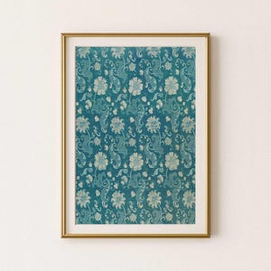 Silver and blue Italian textile print download, abstract geometric pattern Victorian flowers,  European vintage floral art