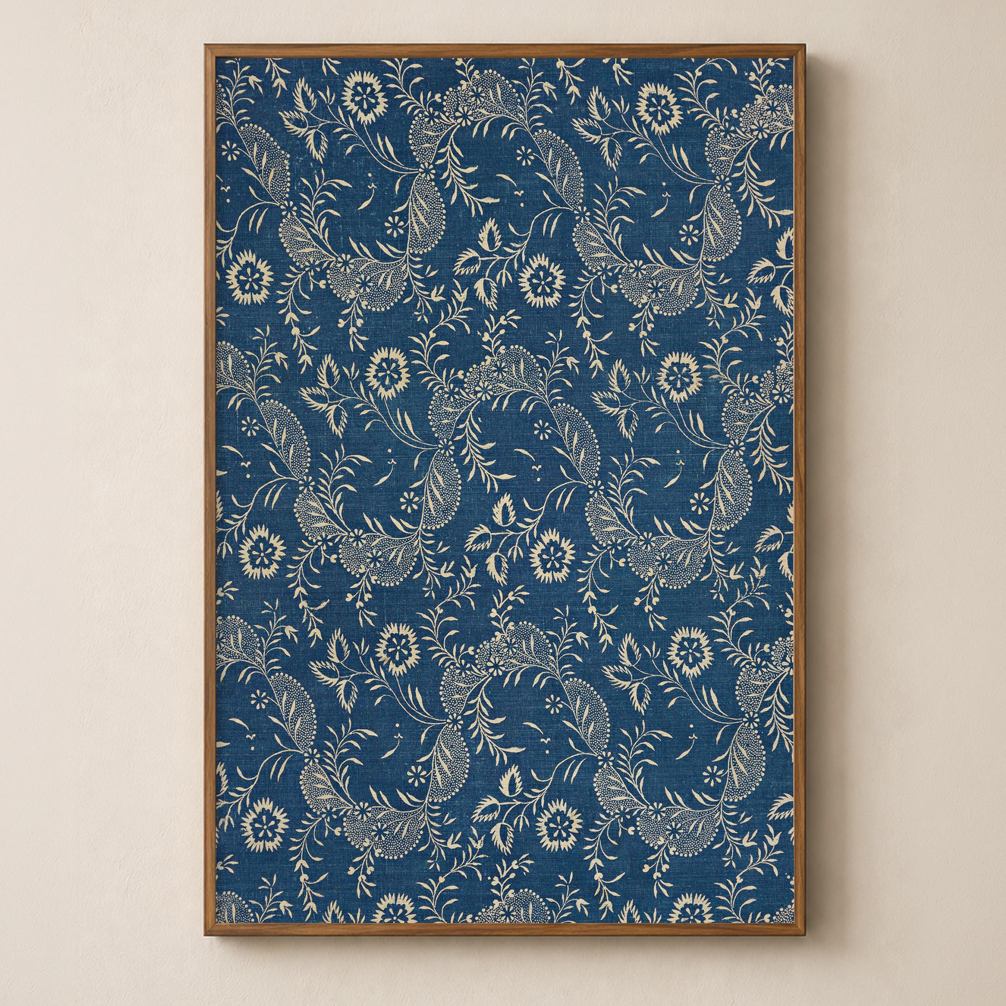 Dark Blue Antique French Floral Print, Indigo Dyed Chintz Textile