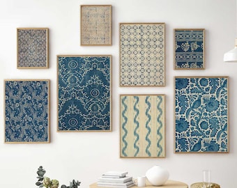 Indigo batik blue textile wall art,  downloadable gallery wall print set 8,  vintage fabric poster bundle