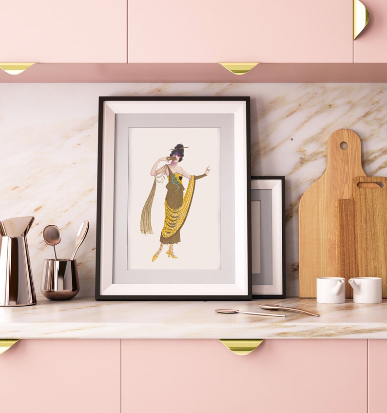 Mustard yellow vintage wall art downloadable Art deco fashion print 20s bathroom decor Flapper lady 1920s printable artwork gold picture