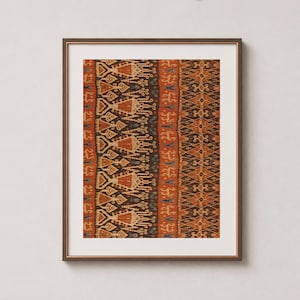 Orange Brown Tribal Textile Wall Art, Indonesian Ikat Tapestry Print, Boho Decor