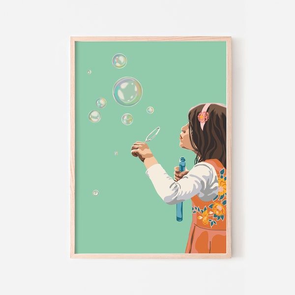 Little girl blowing bubbles wall print, Downloadable art, Whimsical children's illustration, Colourful poster mint green and orange artwork
