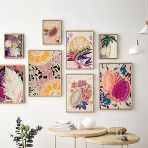 Colourful boho tropical gallery wall art set of 8, Tropical flowers, Modern fruit still life digital paintings, Maximalist decor art