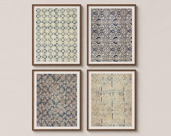 Navy Blue Cream Fabric Print Set of 4 - Vintage Indonesian Batik Wall Art
