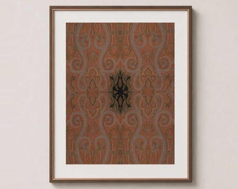 May include: A framed wall art print featuring a repeating paisley pattern in shades of burnt orange, muted green, and cream. The central design element is a dark, intricate black motif that contrasts with the surrounding warm-toned swirls.