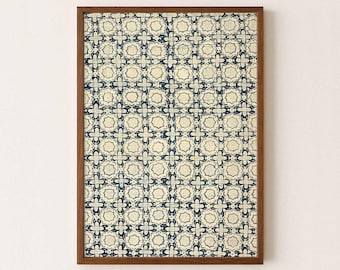 Blue cream Indonesia batik wall art vintage textile downloadable print - Printable wall art geometric poster - Antique fabric boho artwork