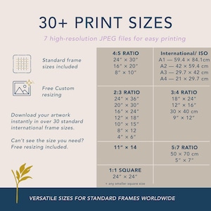 Print size guide for Unratio printable textile wall art showing 30+ included standard frame sizes, including 4:5 ratio, 2:3 ratio, 3:4 ratio, 5:7 ratio, square sizes and international ISO paper sizes, with free custom resizing included.
