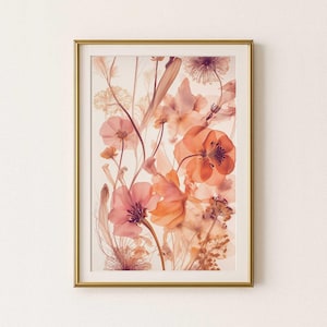 Obras de arte de flores prensadas descargables, pósteres botánicos naranjas, impresiones de flores silvestres, arte mural floral con estampados de naturaleza, pétalos grandes en tonos cálidos.