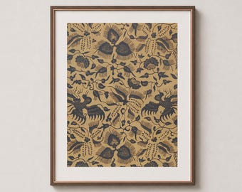 Phoenix Bird – Indonesian Batik Textile Wall Art Print – Dark Brown & Wheat
