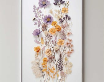 Pastel dried flowers wall art, Pressed flower art, Printable soft purple spring floral artwork, Downloadable romantic botanical painting