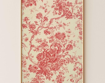 Toile De Jouy Blumen - Antiker französischer Blumentextil-Wand-Kunst-Druck - Rot & Creme
