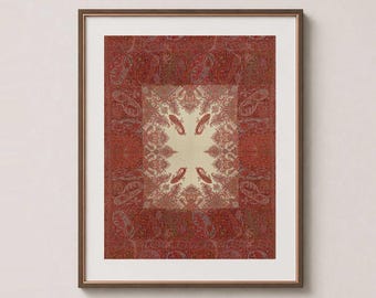 May include: A framed rectangular wall art piece featuring a central cream-coloured rectangle surrounded by a wide, deep red border. Both sections are decorated with intricate, repeating paisley patterns in shades of red, gold, and brown.