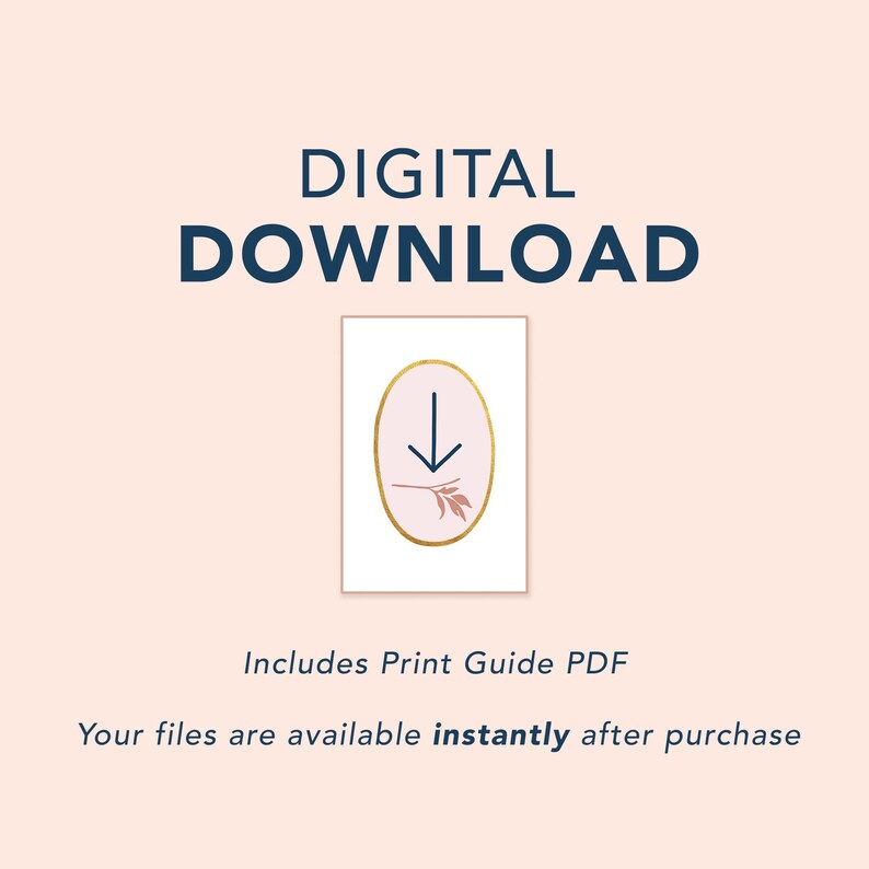 digital download graphic showing instant download art print information and confirming purchase includes a print guide pdf