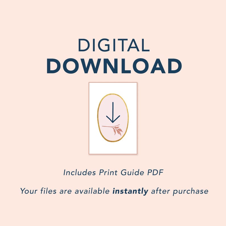 digital download graphic showing instant download art print information and confirming purchase includes a print guide pdf
