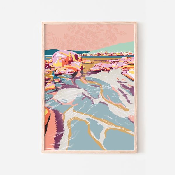 Pastel colours ocean artwork digital illustration downloadable print - Modern coastal decor Australian beach art print abstract landscape