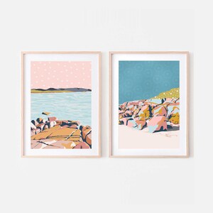 Retro pastel illustrations set of two, printable beach posters, Coastal abstract landscapes in blush pink and blue