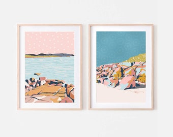 Retro pastel illustrations set of two, printable beach posters, Coastal abstract landscapes in blush pink and blue