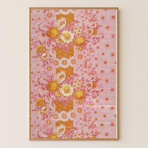 Daisy Flower Block Print - Old English Floral Textile Wall Art Print - Pink & Mustard Yellow