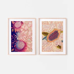 Abstract fruit art set of two prints, Downloadable fruit still life embroidered tapestry, Papaya rambutan kitchen art, Blush pink wall art image 1