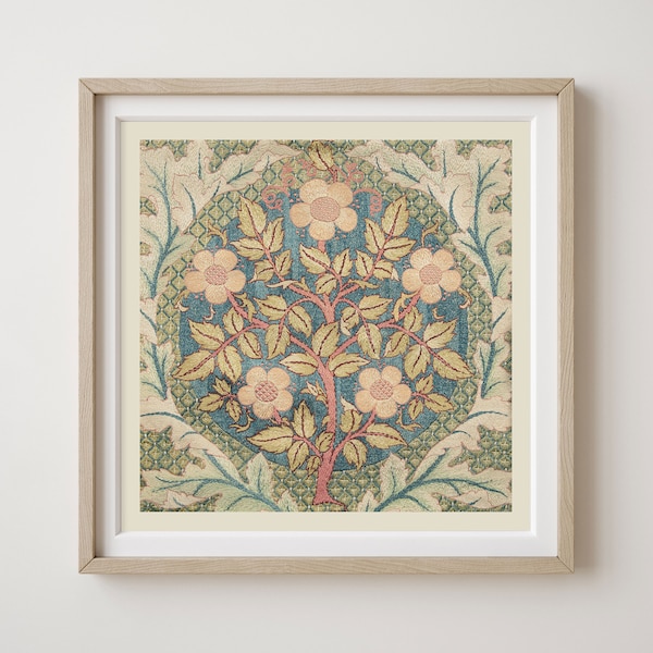 Tree design antique tapestry wall printable | Downloadable embroidery vintage artwork botanical | Teal green light pink floral boho decor