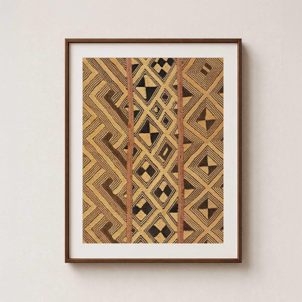 Vintage African Mud Cloth - Woven Kuba Textile Wall Art Print - Dark Brown & Warm Ochre