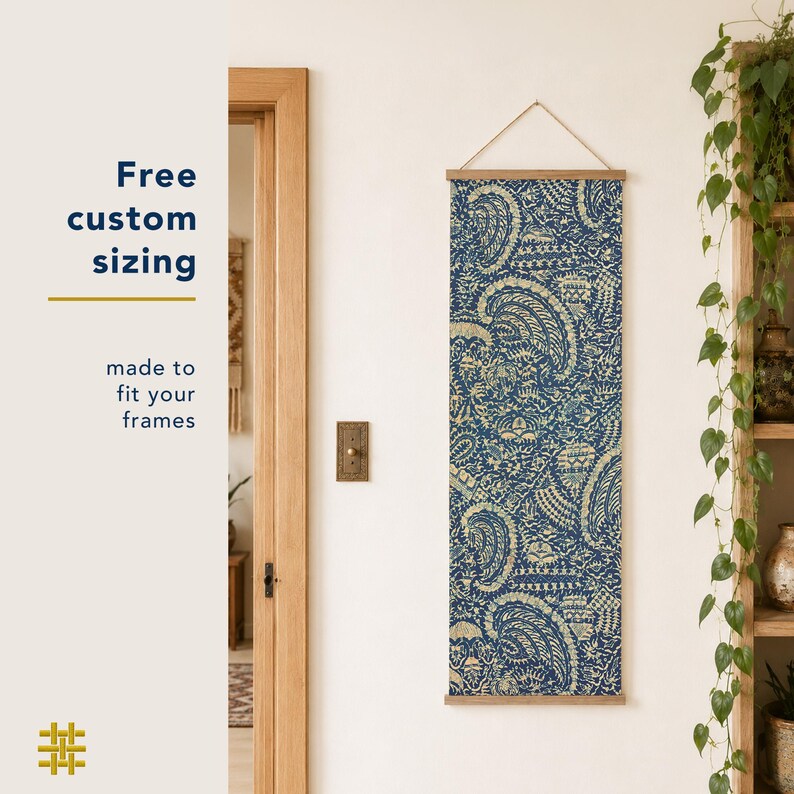 Free custom sizing available for Crayfish Batik, a printable antique textile wall art download in indigo blue and cream, resized to fit your frame, poster hanger, gallery wall or narrow wall space.