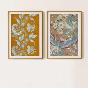 Set of 2  Antique botanical printable flower paintings - Tan ochre french blue vintage wall art downloadable prints - Bohemian floral decor