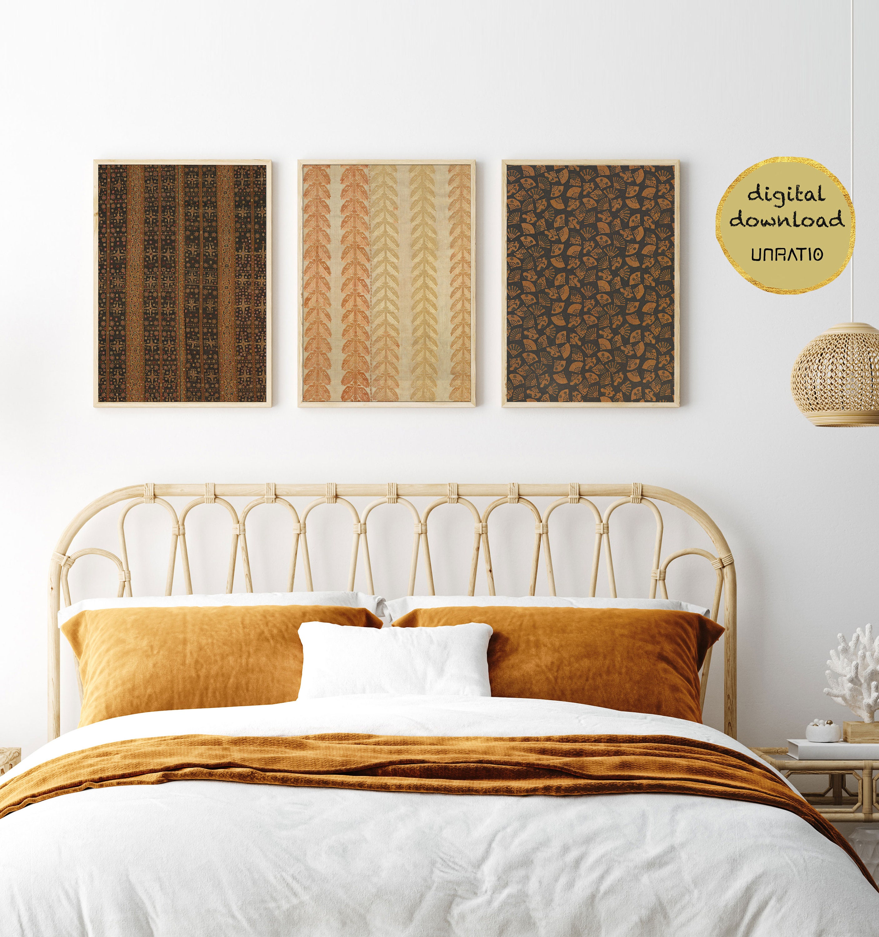 Dark brown wall art prints vintage textile set of 3 Etsy