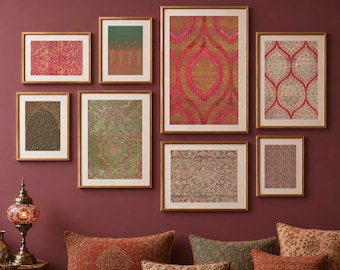 Turkish Ottoman Gallery Wall Set of 8 – Red Gold Textile Prints – Antique Islamic and Persian Wall Art (Digital Download)