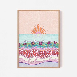 Boho Ozean Sonnenuntergang Illustration, druckbare florale Wellen Sonne Meerwasser Poster, Tropisches Badezimmer Poster, 70er Jahre Kunstwerk, Retro Strand Poster