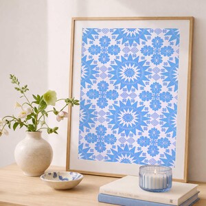Könnte beinhalten: Ein gerahmter Druck mit einem hellblauen und weißen Blumenmuster. Der Druck befindet sich in einem Holzrahmen und wird auf einer Holzoberfläche präsentiert. Eine Vase mit Blumen, eine kleine Schale und eine Kerze in einem Glashalter sind ebenfalls vorhanden.