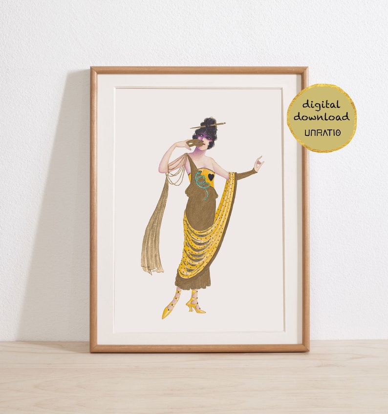 Mustard yellow vintage wall art downloadable Art deco fashion print 20s bathroom decor Flapper lady 1920s printable artwork gold picture