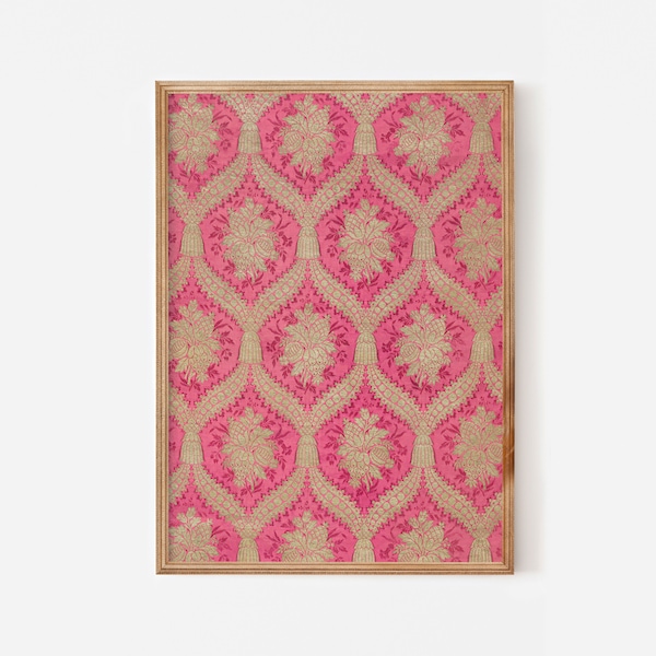Bright pink gold Moroccan geometric pattern print - Textile poster bohemian wall art - Printable oriental artwork antique wall decor tribal