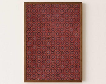 Dark red Indonesian batik print downloadable art - Vintage wall art traditional fabric artwork - Modern boho wall decor ikat tribal picture