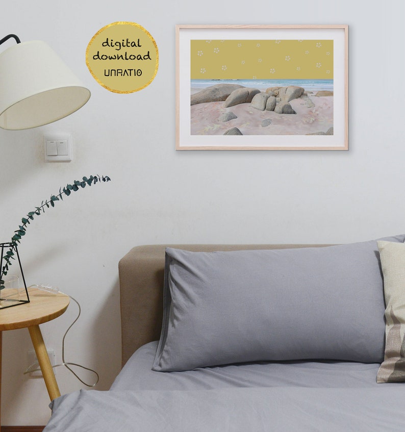 Beach wall decor landscape horizontal picture Mustard yellow print coastal wall art downloadable art Printable artwork boho ocean photo