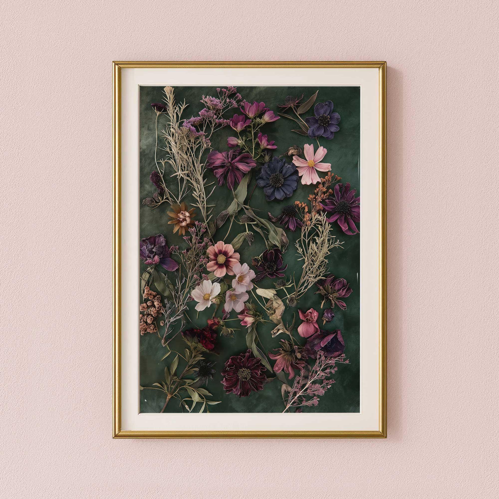 Dark green botanical wall art, Downloadable pressed flower art, Pink purple dried flowers floral print, Printable nature apothecary poster