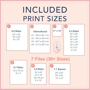 Printable wall art size guide with all included ratios: 4:5, 2:3, 3:4, 5:7, 1:1, A-series and 11×14, covering 30+ standard print sizes.