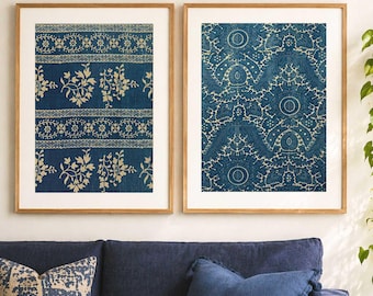French Antique Floral Indigo – Set of 2 Textile Wall Art Prints – Dark Blue & Linen
