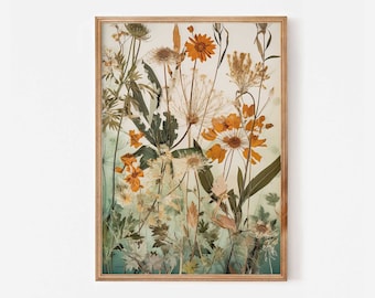 Marigold flowers pressed native wildflowers print downloadable, Printable botanical artwork, Dried flower art, Boho plant poster nature art