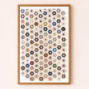 Puede incluir: Obra de arte enmarcada con una colección de parches de tela con forma de flor de colores. Los parches están dispuestos en un patrón de cuadrícula, mostrando una variedad de patrones y colores, incluyendo azules, rojos y cremas. La obra está enmarcada en un marco de madera.