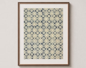 Geometric Rosette – Indonesian Batik Textile Wall Art Print – Blue Indigo & Cream