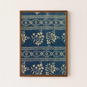 Blue indigo textile wall art downloadable print - Vintage artwork printable navy fabric -  French shabby chic wall decor floral poster 16x24