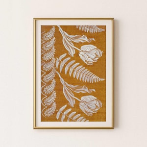Tan ochre vintage wall art downloadable print | Printable flower painting | Floral boho decor antique artwork botanical poster orange white