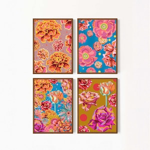 Bright flower summer blossoms set of 4 posters, Downloadable prints, Maximalist gallery wall set dopamine decor colourful floral wall art