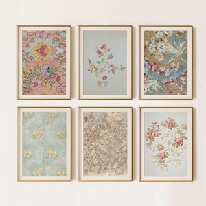 French blue gallery wall set of 6 prints, Downloadable art, Country cottage floral themed vintage art collection